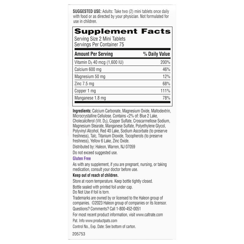 Caltrate Minis 600 Plus D3 Vitamin D and Calcium Supplement Tablets, 150 Ct | Highest Level of Vitamin D3, Maximizes Calcium Absorption to Support Strong Bones and Daily Function 150 Count (Pack of 1)