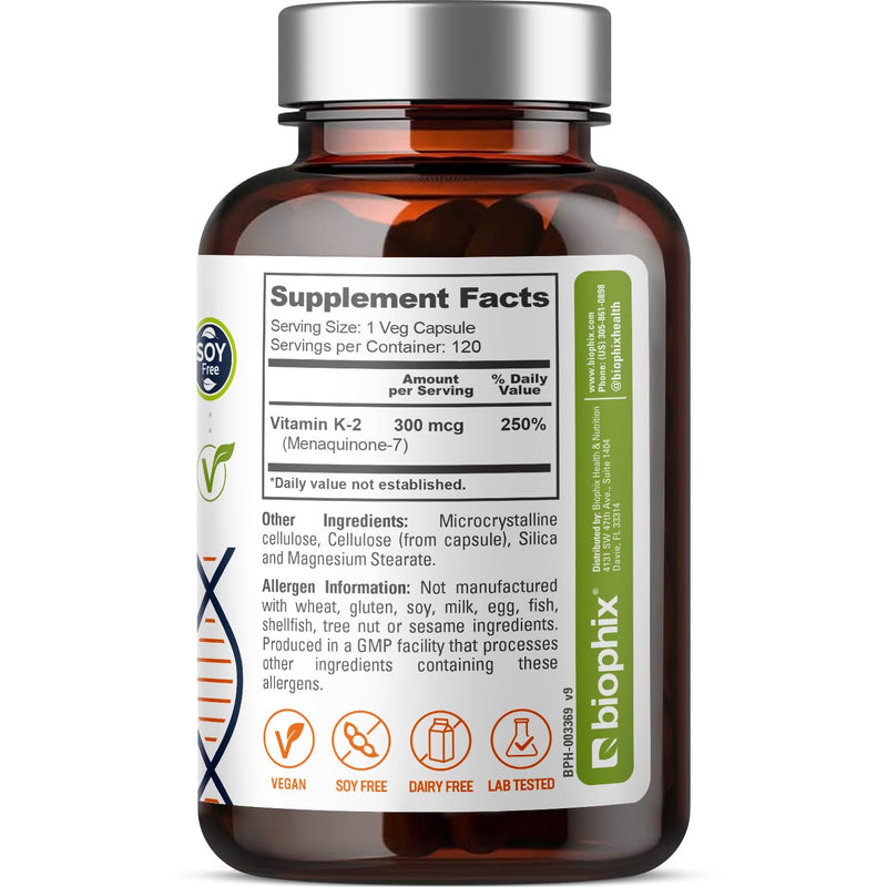 biophix Vitamin K2 MK-7 300mcg, 120 Vegan Capsules – High-Potency Supplement for Bone Strength and Immune Health 120 Count (Pack of 1)