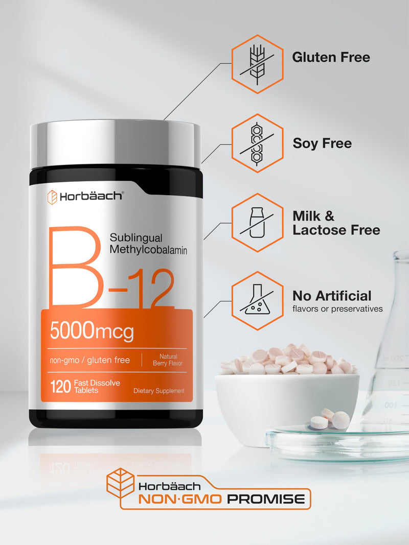 Horbäach B12 Vitamin 5000 mcg | 120 Fast Dissolve Tablets | Sublingual Methylcobalamin | Natural Berry Flavor | Vegan, Non-GMO & Gluten Free Supplement 120 Count (Pack of 1)