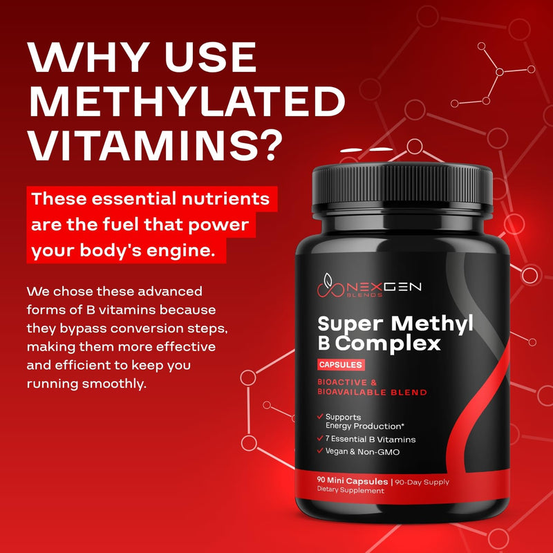 Methylated B Complex Vitamin Supplement - Bioactive Methyl B Complex with 5-MTHF Methyl Folate & B12 Methylcobalamin for Brain Heart Energy & Homocysteine Support - Super Vitamin B Complex - 90 Caps 90 Count (Pack of 1)