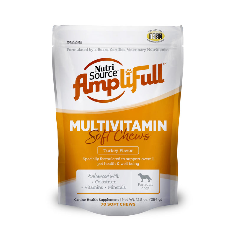NutriSource AmpliFull Turkey Flavor Multivitamin Soft Chews for Dogs, Daily Supplement with Bovine Colostrum, Essential Vitamins & Minerals for Overall Health, 70 Chews (1 Pack) Multivitamin - Turkey