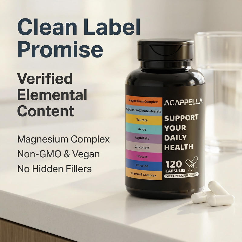 ACAPPELLA Magnesium Citrate Capsules with Magnesium Citrate Capsules Glycinate Malate Taurate Vitamin B Complex Supplement - 120 Count