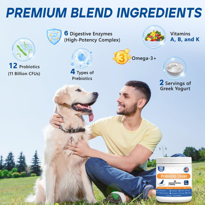 Probiotics for Dogs Dog Probiotic Chews for Yeast Gut Digestive & Immune Health, Itch Relief Ears Skin & Coat with 11Billion CFU Probiotics, 6 Enzymes& 4 Prebiotics, Pumpkin, Omegas & Vitamins,110ct 110 Count