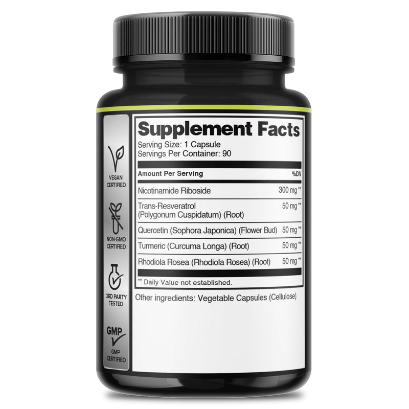 WELBUDA 5in1+ Nicotinamide Riboside Supplement with Resveratrol, Quercetin, Turmeric, Rhodiola Rosea - 90 Count for 90 Days