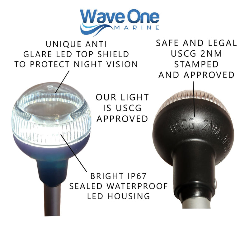 Wave One Marine ADJUSTABLE Telescoping All-Around Anchor Light With Stainless Base | LED Boat Pole Aft Stern Navigation USCG 2NM | 12 Volt DC | 360 Night Nav Waterproof 28"-42" - BeesActive Australia