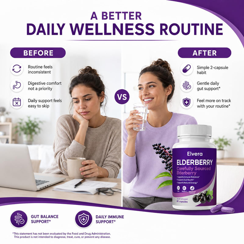 Elvera Elderberry Gut Support, 1200mg Sambucus Elderberry Extract, Advanced Gut Support Complex with Vitamin C & Zinc, Daily Wellness Formula, 60 Capsules