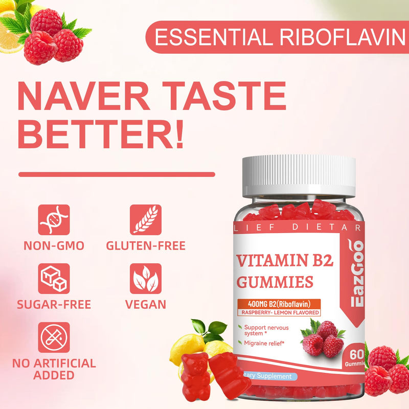 Vitamin B2 Gummies - Riboflavin 400mg Supplement with Magnesium for Adults | B2 Gummies for Migraine Relief* & Nervous System Support* | Vegan, Sugar-Free | Raspberry-Lemon Flavor | 60 Count 60 Count (Pack of 1)