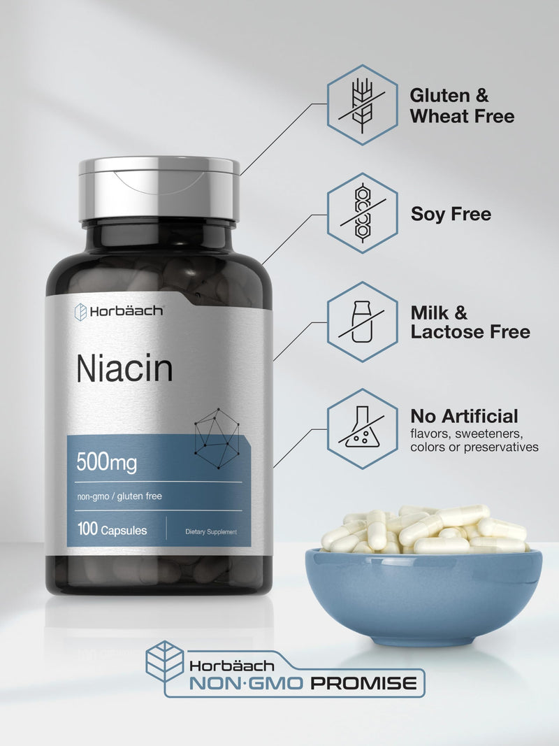 Horbäach Niacin | Vitamin B3 500mg | 100 Capsules | with Flushing | Non-GMO, and Gluten Free Supplement