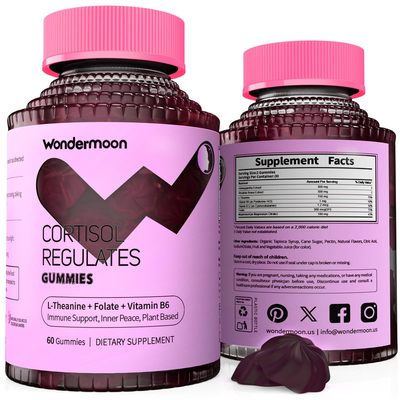 Wondermoon Cortisol Gummies for Women, 7-in-1 Cortisol Reducer, 60 Count | Cortisol Supplement -Stress, Mood, Focus, Sleep Support -Ashwagandha, Rhodiola Rosea, L-Theanine, Magnesium, Blueberry Flavor