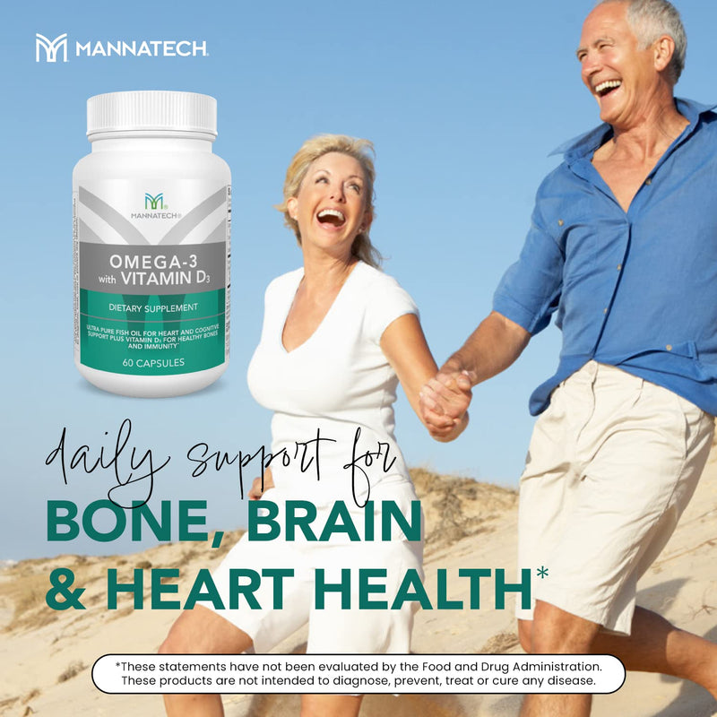 Mannatech - Omega-3 with Vitamin D3 - Softgels | Contains Pure Fish Oil, Omega-3 Fatty Acids, Vitamin D3, Supports Bone, Heart and Cognitive Health, Easy-to-Take Softgels