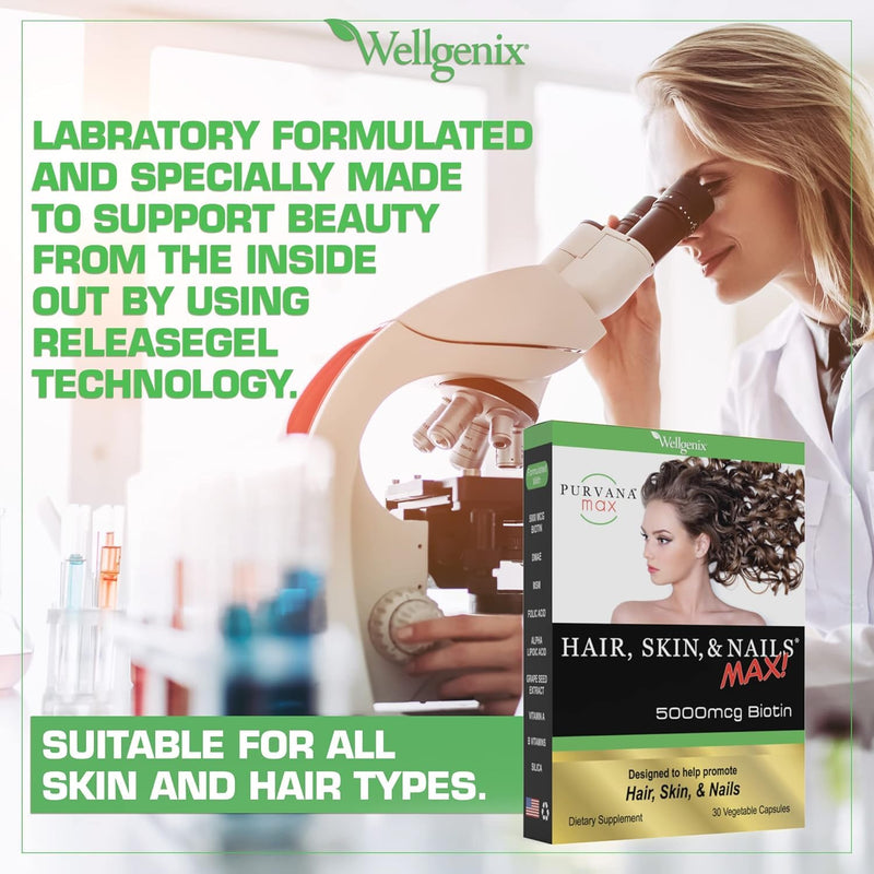 Wellgenix Purvana MAX Hair Skin and Nails Supplement – 5000mcg Biotin with MSM & B-Complex – Support for Thicker Hair, Stronger Nails & Glowing Skin – 30 Veggie Capsules | Biotin, MSM & hyaluronic acid in vegetable capsules for thicker, fuller hair, st...