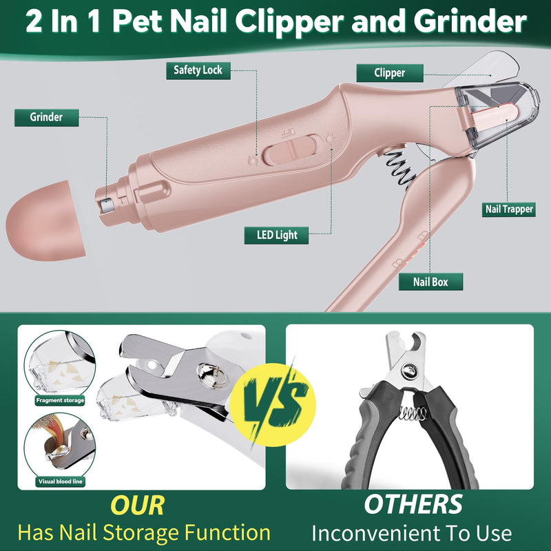 CATPICK 2-in-1 Cat Nail Clippers & Dog Nail Clippers Trimmers for Large Medium Small Dogs Cats Claw Trimmer Quick Sensor and Safety Guard USB Rechargeable with 2 LED Lights Dogs Nail Trimmer Pink 6th Generation