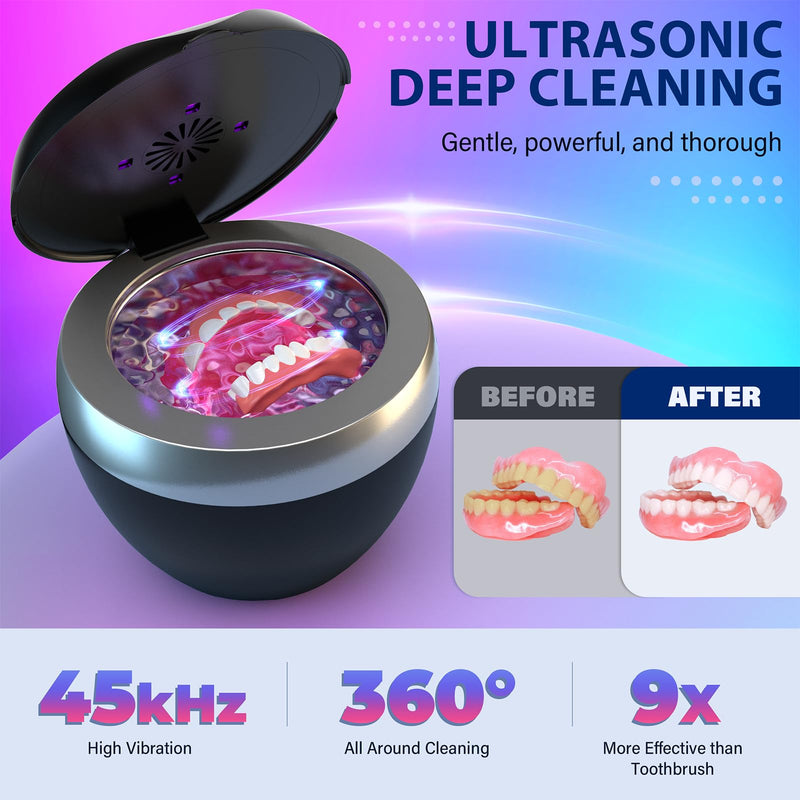 Ultrasonic Retainer Cleaner, 200ML Denture Cleaner for Mouthguard, Aligner, Brace, Night Guard and Dental Appliance with 4 Modes, 45kHz Jewelry Cleaner for Rings, Dental Cleaning Pod with Basket Black - BeesActive Australia