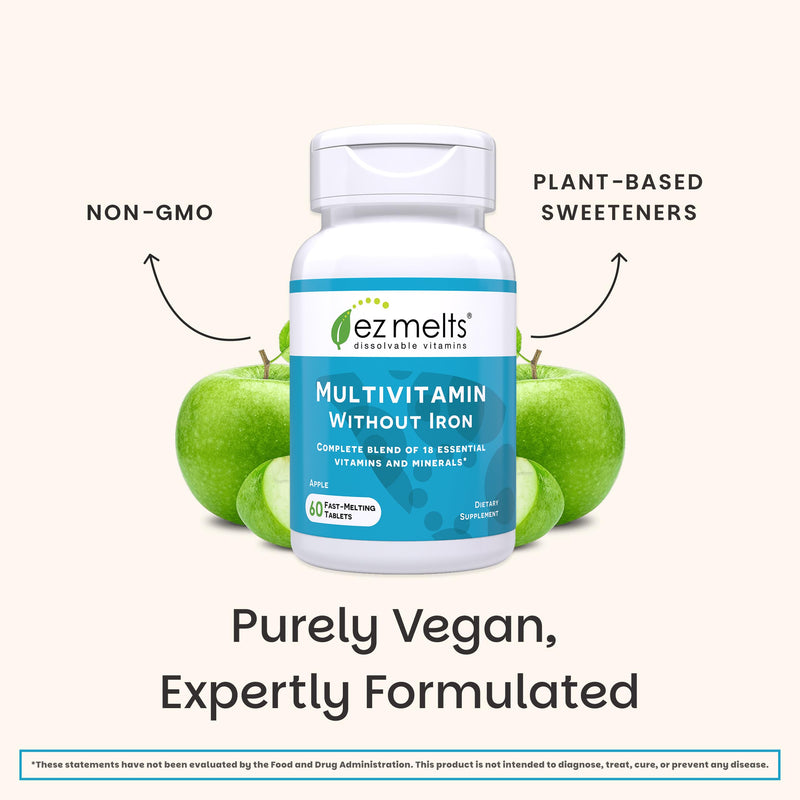 EZ Melts Multivitamin Without Iron - Daily Supplement with 18 Vitamins & Minerals - Contains Vitamin C, Folate, Biotin & More - Non-GMO & Vegan - Apple - 60 Dissolvable Tablets (30 Servings) 60 Count (Pack of 1)