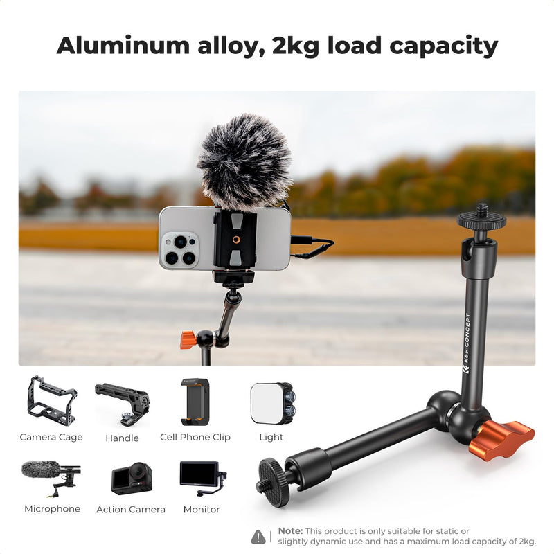 K&F CONCEPT 9.8" Magic Arm, 1/4" Screw Camera Mount Arm 360° Ball Heads for DSLRs, Monitor, Flash, LED Light, Microphone, Camera Cage, Action Camera 9.8" Arm