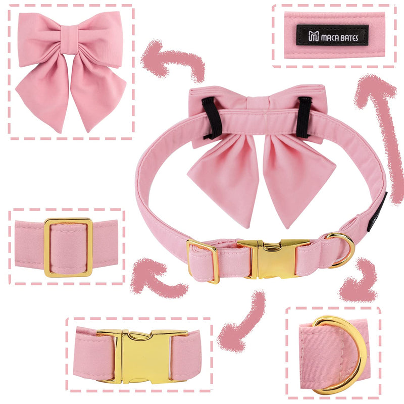 Maca Bates Dog Collar with Pink Bow Bowtie for Dogs Solid Colors Sailor Bow Tie Adjustable Breakaway Girly Cherry Collars Birthday Gift for Small Medium Large XL Girl Female Boy Male Puppy Pet S Cherry blossom powder - BeesActive Australia