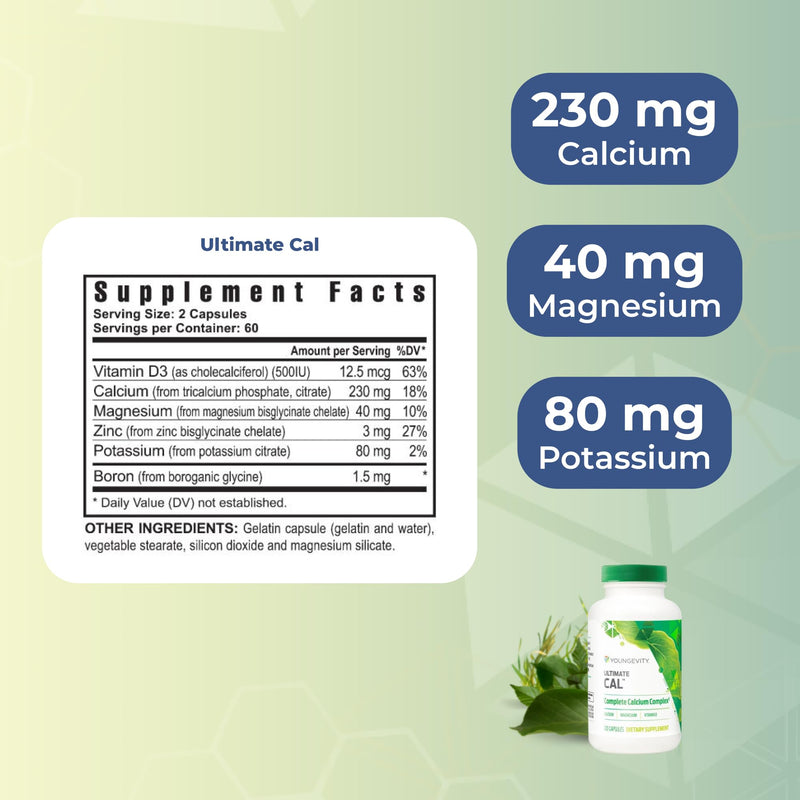 Youngevity Ultimate Cal Calcium Magnesium Bone Health Supplement, 120 Caps | Calcium, magnesium, vitamin D3, zinc, potassium, boron, bone health, ligament support, enhanced absorption, 120 capsules 120 Count (Pack of 1)