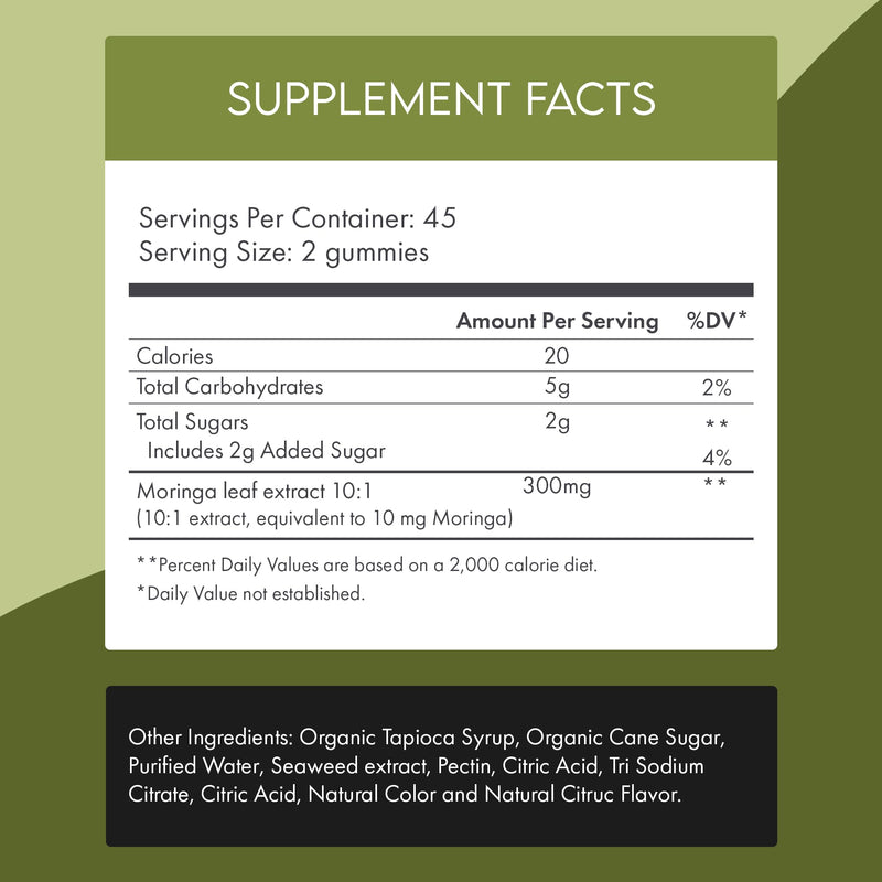 Moringa Gummies for Energy, Mood & Skin Health - 90 Count Citrus Flavor - Vegan Pectin Based - Non GMO - Gelatin Free - Made in USA