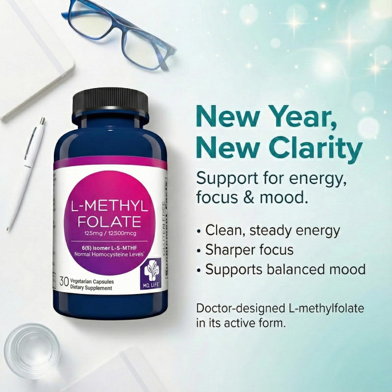 MD. Life L-Methylfolate 12.5 mg, Professional Grade, 30 Capsules, 5-MTHF | Active L-Methylfolate Supplement with Essential Amino Acids - Maximum Potency MTHFR Support - Doctor Designed - Made in USA
