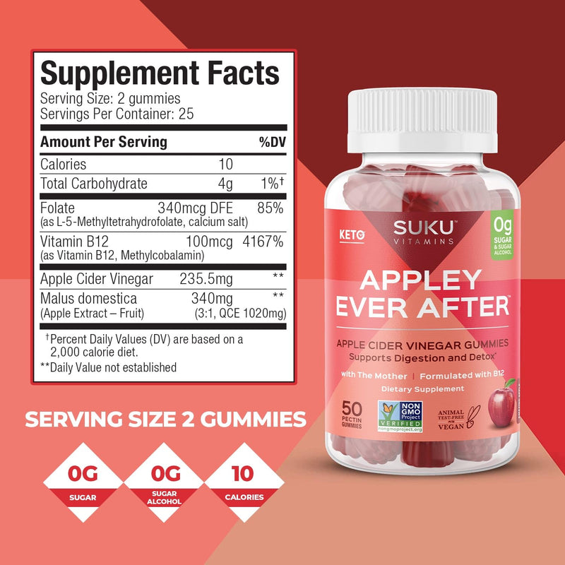 SUKU Appley Ever After Gummies – Apple Cider Vinegar with Methylated B12 & Folate – Sugar-Free, Gluten-Free, Vegan Detox & Energy Support – Amazing Apple Flavor – 50 Count