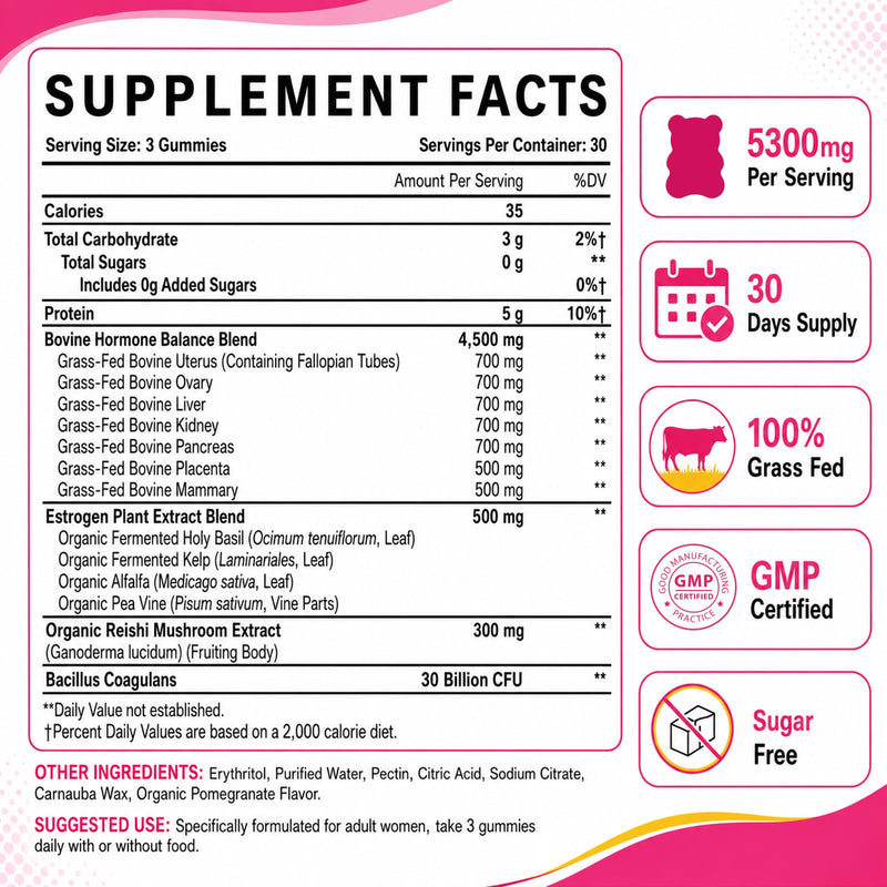 Beef Organ Supplement for Women, 100% Grass Fed - 90 Gummies | Grass Fed Beef Liver, Kidney, Uterus Tissue & More, Support Hormone Balance, Menstruation, Women's Overall Energy and Health