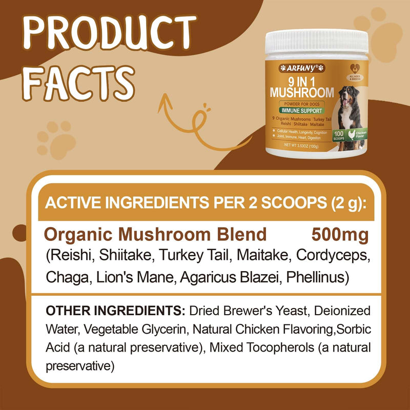 Mushroom for Dogs - Turkey Tail for Dogs - 9 Organic Mushroom Supplement with Turkey Tail, Reishi, Lions Mane - Hip & Joint, Skin & Coat, Digestive, Cellular, Immune Health Support - Chicken Flavor