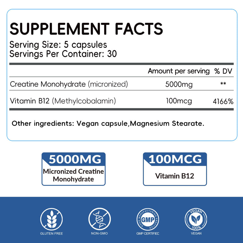Micronized Creatine Monohydrate Capsules -5000mg per Serving with Vitamin B12 for Women & Men- Easy to Swallow, Vegan, Gluten Free,150 Count
