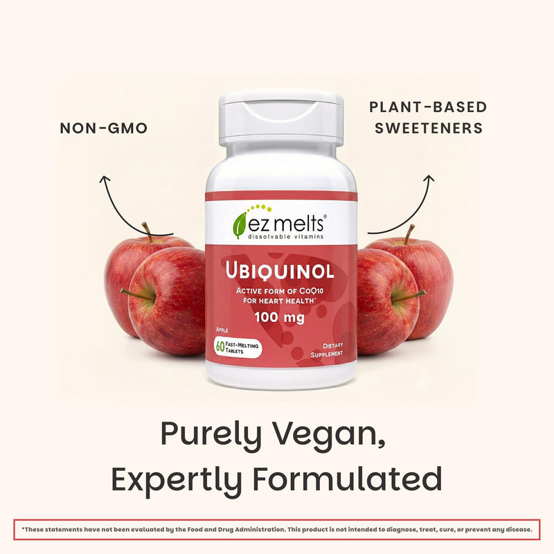 EZ Melts Ubiquinol 100 mg - CoQ10 Supplement for Heart Health & Energy Support - Antioxidant Protection - No Artificial Flavors - Non-GMO & Vegan - Apple - 60 Dissolvable Tablets (60 Servings) 60 Count (Pack of 1)