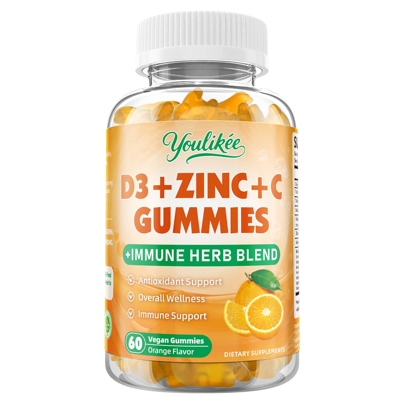 Vitamin C + D3 5000IU + Zinc Gummies for Adults, Orange Flavor, 60 Count | Immune Support supplement with Elderberry, Echinacea & Mullein Leaf - Antioxidant Support, Sugar Free 60 Count (Pack of 1)