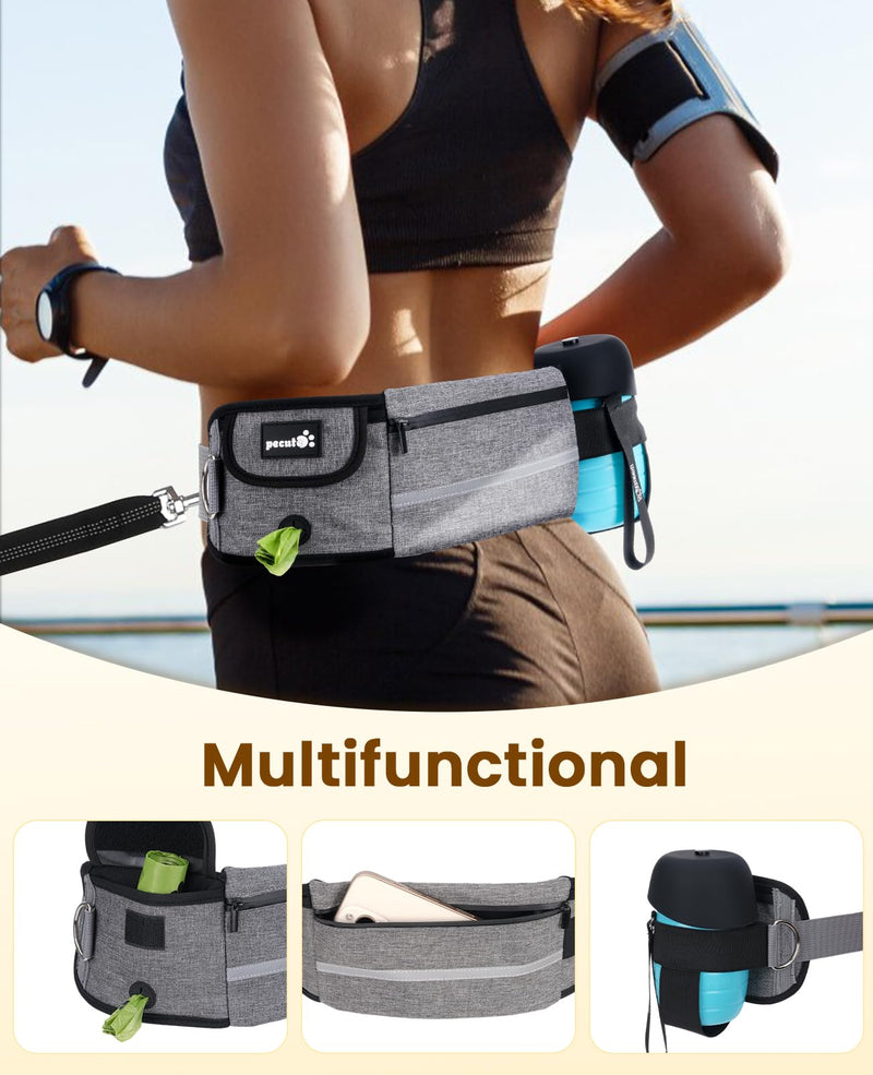 Pecute Dog Leash Hands Free with Pouch, Waist Belt Fanny Pack with Soft Pads, Dual Padded Handles and Shock Absorbing Bungee for Walking, Hiking, Training, Running 1 dog grey
