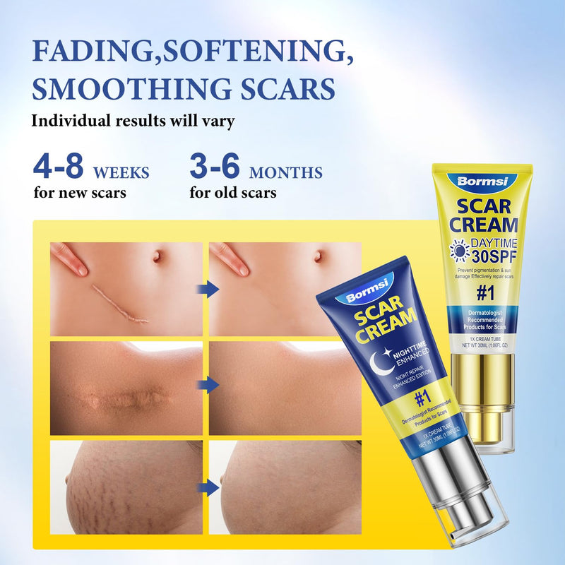 BORMSI Scar Cream,SPF 30 Suncreen & PM Silicone Intensive Overnight Scar Gel Reduces the Appearance of Scars from Surgical Scars,Stretch Marks,Keloid, 2 Tube,1.76 oz/Tube - BeesActive Australia
