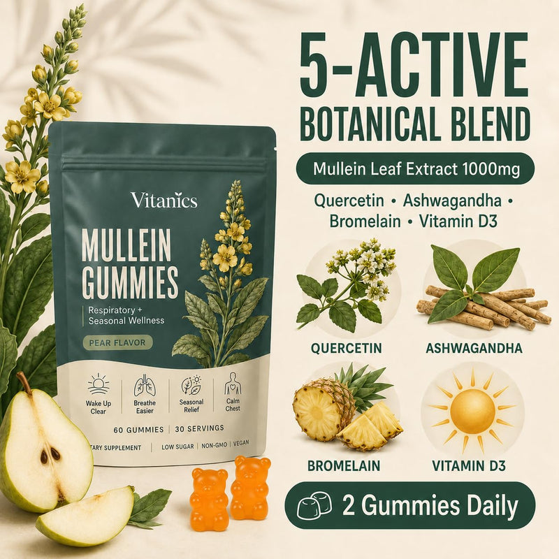 Vitanics Mullein Gummies with Quercetin and Bromelain, 60 Count | Mullein Leaf Extract for Lungs, Ashwagandha and Vitamin D3 in Pear-Flavored Gummies, Daily Respiratory Wellness