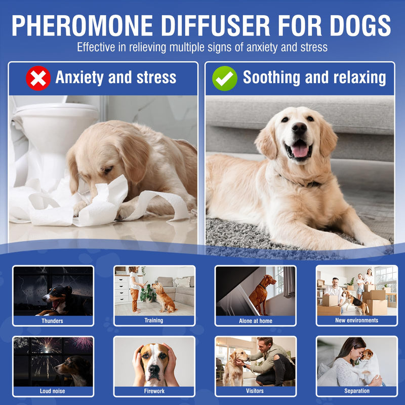 Dog Pheromone Calming Diffuser (Plug in+ 3 Pack 48ml Refill) Pet Pheromones Diffuser to Calm Kit for Anxiety Relief Reduce Barking Aggression Fighting Stress 90 Day Supply 4 in 1 Appeasing