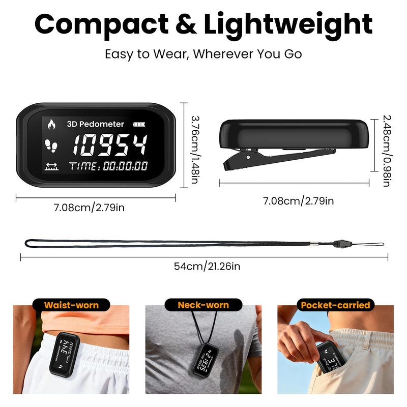 3D Pedometer for Walking, Simple Step Counter with Large Digital Display, Accurate Step Tracker with Lanyard,Clip on Pedometer for Men Women Kids Adults Seniors black