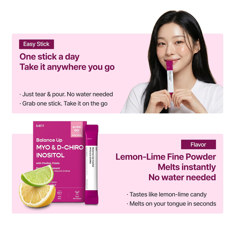 Balance Up Inositol 40:1 Myo & D-Chiro with Folate(Vitamin B9) & Choline – Hormone Balance & Reproductive Health Support for Women – Lemon Lime Stick Powder, 30 Servings