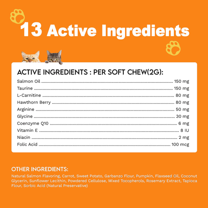 Cardio Chews for Cats - Advanced Cardiovascular Care - Heart Health & Circulation Support with Salmon Oil, Taurine, CoQ10 & More - Feline Supplement for Optimal Cardiac Function (Salmon) - BeesActive Australia