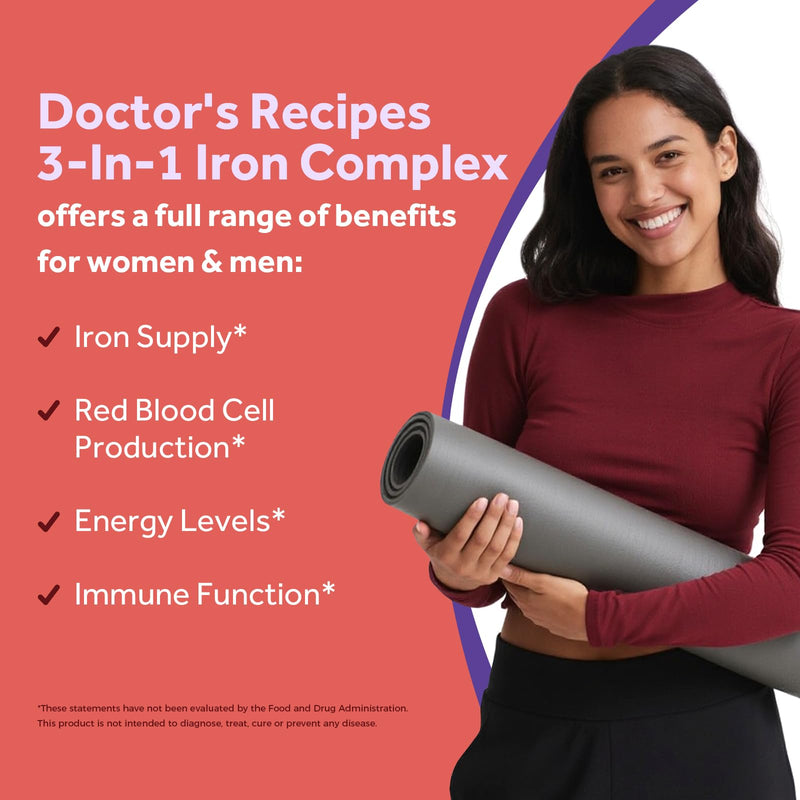 Doctor's Recipes Iron Supplement for Women & Men, 65mg from Ferrous Bisglycinate Sulfate Carbonyl Iron, Non-Constipating, Vitamin C for Optimal Absorption, Energy, Blood Support, 60 Tabs