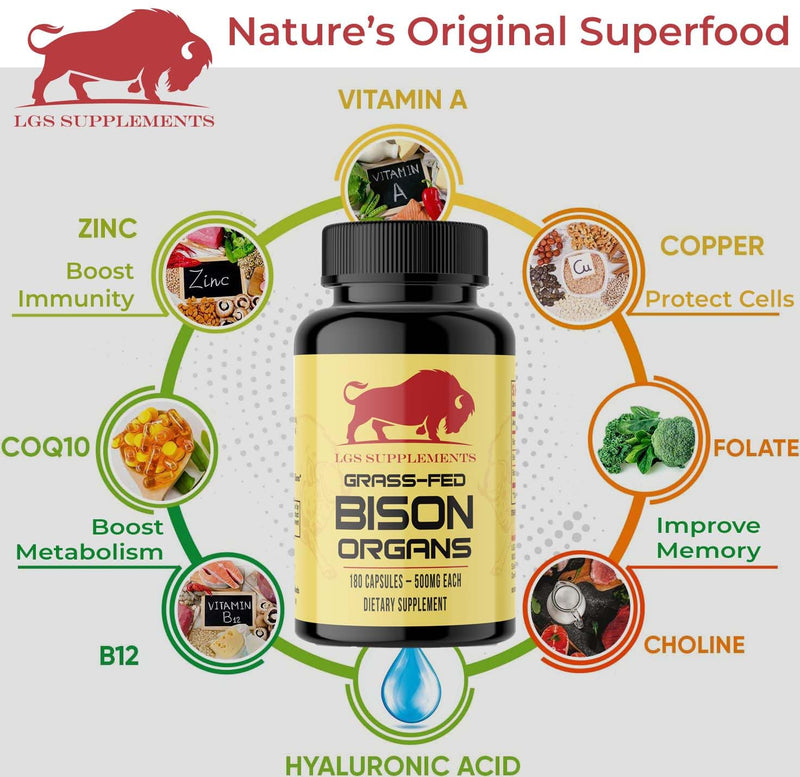 Grass Fed Bison Organ Supplement, Supports Whole Body Wellness with Proprietary Blend of Liver, Heart, Kidney, Freeze-Dried Bison, Non-GMO, 180 Capsules