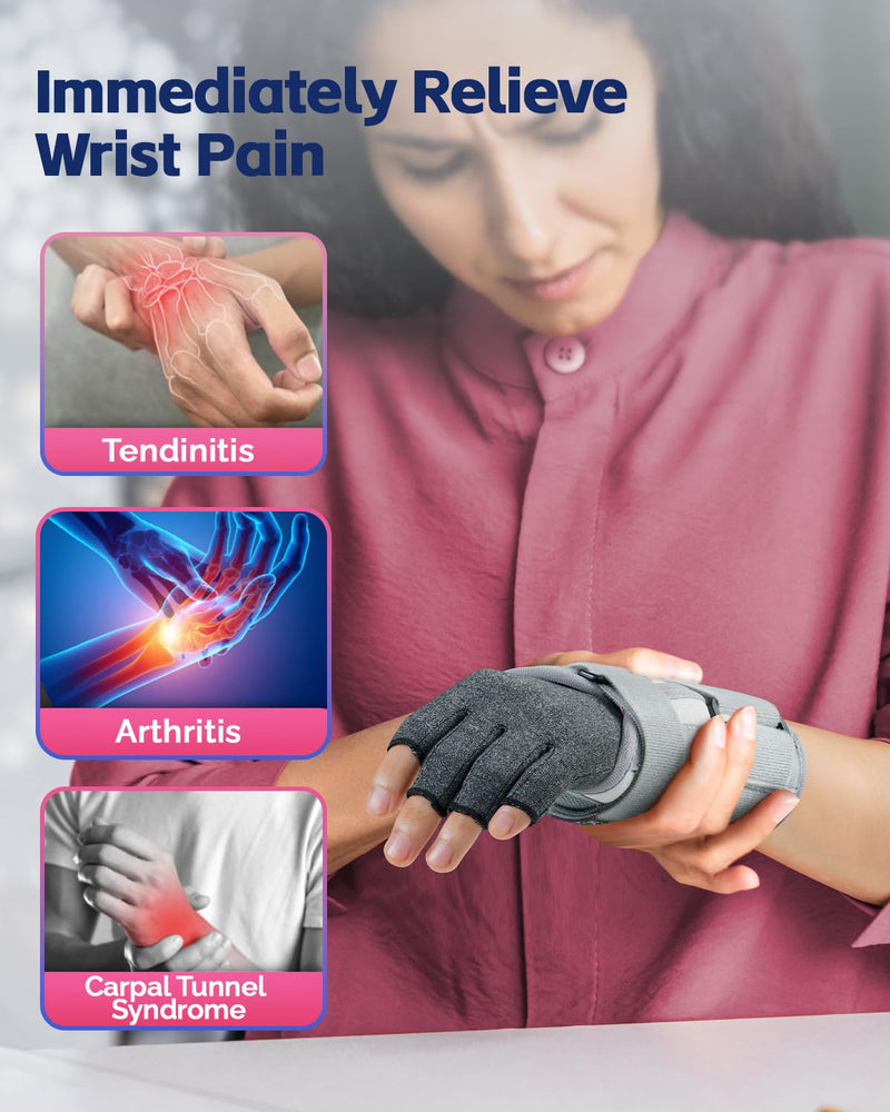 FEATOL Arthritis Glove for Women for Pain with Carpal Tunnel Wrist Brace Set - Fingerless Hand Compression Gloves - Daytime Wrist Support for Rheumatoid Arthritis, Work, Typing - Left Hand, Medium Left Hand-Gray - BeesActive Australia