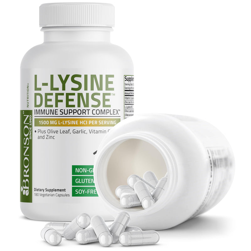 Bronson L-Lysine Defense Immune Support Complex, 1500 mg, 180 Capsules | Essential Amino Acid with Olive Leaf, Garlic, Vitamin C & Zinc, Vegetarian, Non-GMO, Gluten-Free & Soy-Free 180 Count (Pack of 1)