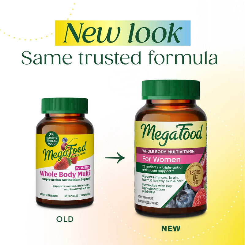 MegaFood Whole Body Multivitamin for Women with 25 Nutrients, 60 Capsules | Womens Multivitamin, Immune, Brain, Heart, Skin & Hair, Vitamin D3 K2, Magnesium Citrate, Folate, Biotin, Iron, 30 Servings
