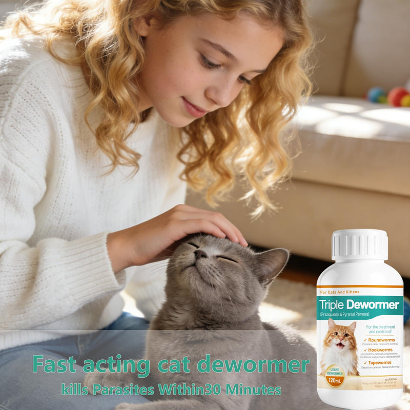 Cat Dewormer Liquid - Triple Dewormer with Pyrantel Pamoate & Praziquantel for Tapeworms, Roundworms & Hookworms, Easy-to-Give Broad-Spectrum Liquid for Cats,120 mL (4.2 fl oz)