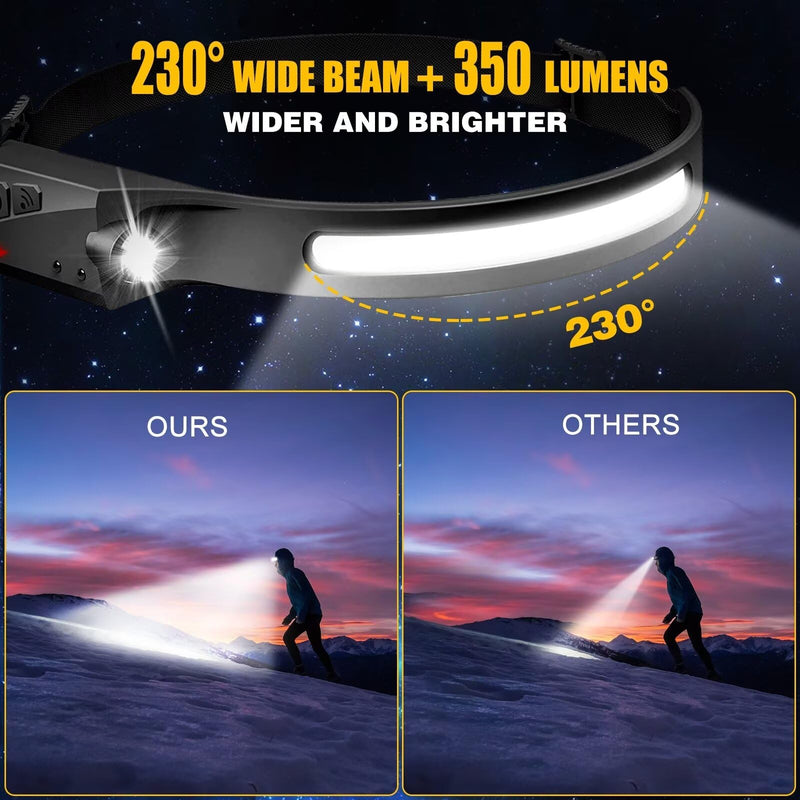 Headlamp Rechargeable 3PCS, 230° Wide Beam Head Lamp LED with Motion Sensor for Adults - Camping Accessories Gear, Waterproof Head Light Flashlight for Hiking, Running, Repairing, Fishing, Cycling 3 Pack