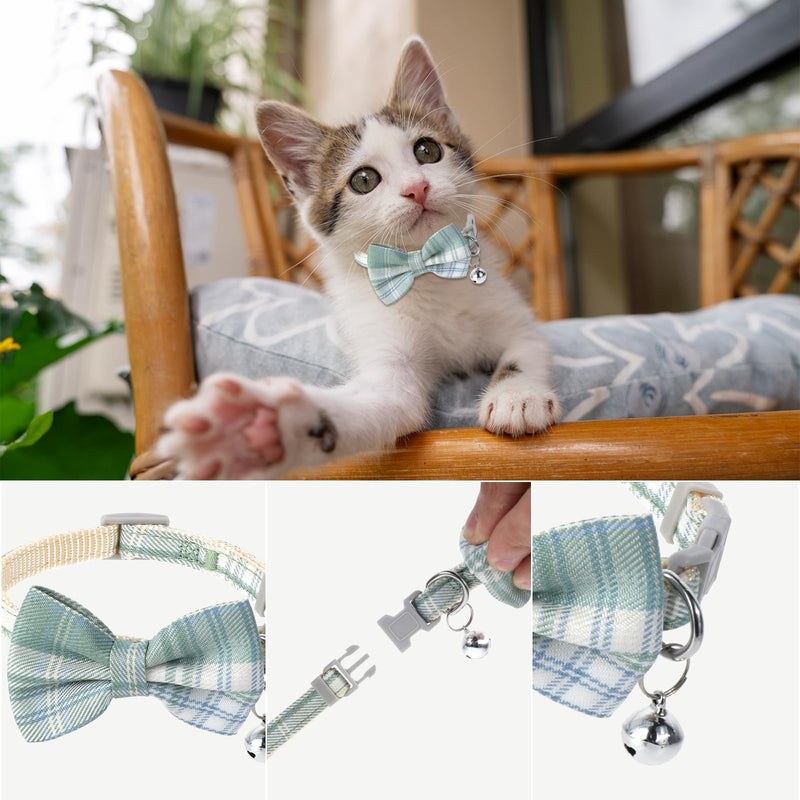 2PCS Cat Bow Tie Collar with Bell, Cat Collar Breakaway Washable Cute Elegant Plaid Pet Bow Tie for Cat Dog, Adjustable from 9-11.8 Inch(Gray, Light Green) - BeesActive Australia