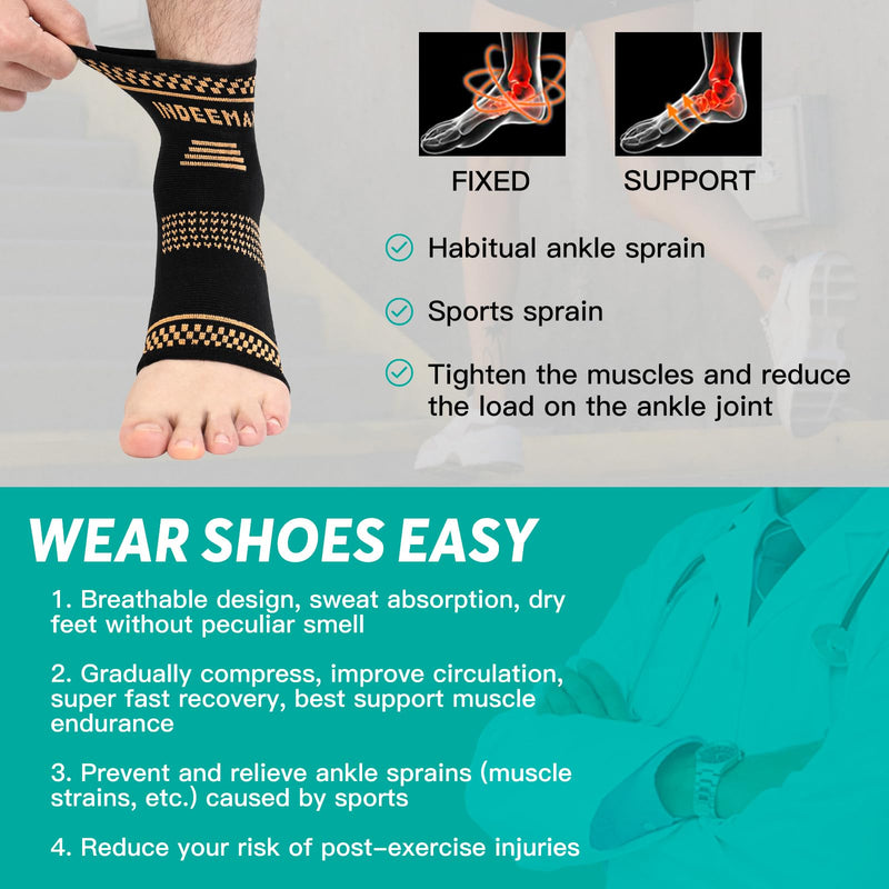 INDEEMAX Copper Ankle Brace for Men and Women, Ankle Compression Sleeve Ankle Support Brace for Sprained Ankle, Plantar Fasciitis, Running, Foot Pain Relief, Achilles Tendonitis (L) Golden Black Large - BeesActive Australia
