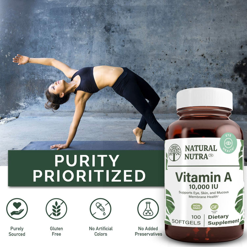 Natural Nutra Vitamin A 10000 IU Softgels, Vitamin A 100 Count (2 Pack) | 10000 IU Per Softgel,Supports Eye Health,Supports Skin Health,Gluten Free 200 Count (Pack of 1)