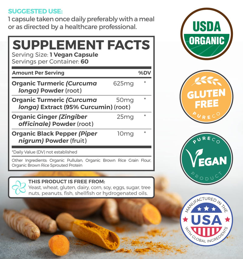 USDA Organic Turmeric Curcumin with Black Pepper and Ginger (2 Month Supply) Joint Support Supplement with Tumeric and Ginger Root Powder - Organic Turmeric Supplement - 60 Vegan Capsules (No Pills) 60 Count (Pack of 1) - BeesActive Australia