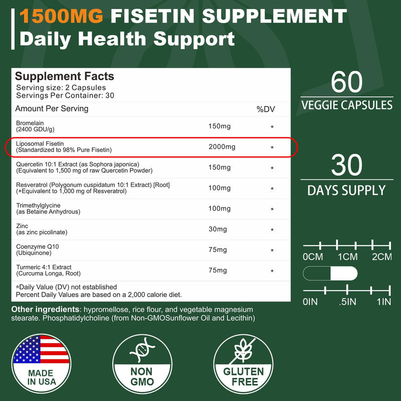 Liposomal Fisetin Supplement, 2000MG, 98% Pure Fisetin Polyphenols Antioxidants, with Quercetin, TMG and Resveratrol, for Healthy Aging, Cognitive Support, 180 Capsules