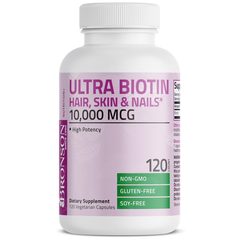 Bronson Ultra Biotin 10,000 mcg Hair, Skin & Nails, 120 Vegetarian Capsules | Once-Daily, Energy Metabolism Support, Non-GMO, Gluten-Free & Soy-Free 120 Count (Pack of 1)