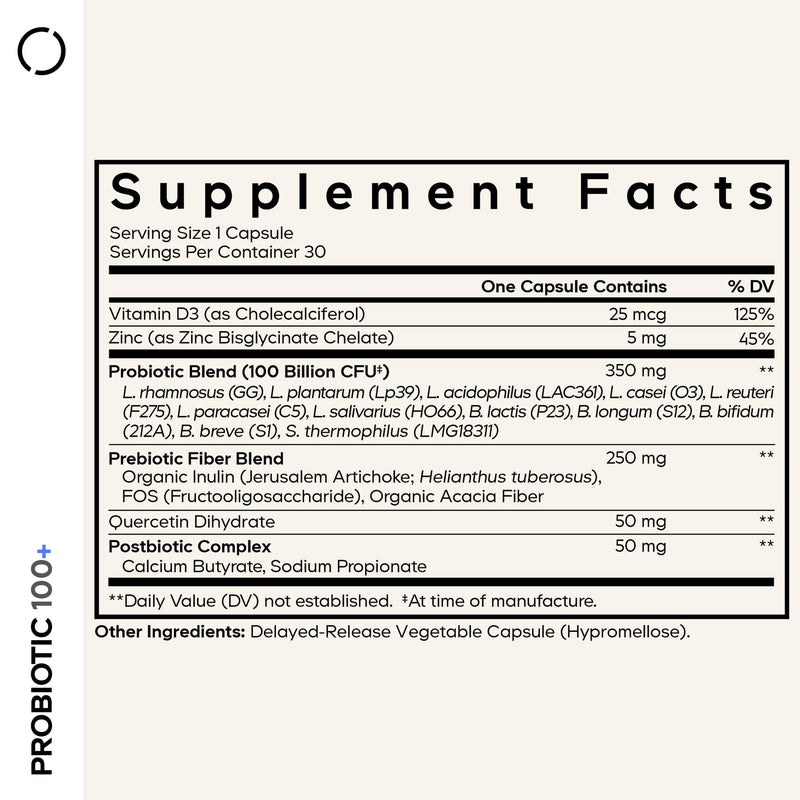 Codeage Probiotic+, 100B CFU, 12 Strains, Quercetin, Zinc, 30 Capsules | Probiotic 100 billion CFU from a 12-strain blend with prebiotic fiber, postbiotics, D3, zinc and quercetin.